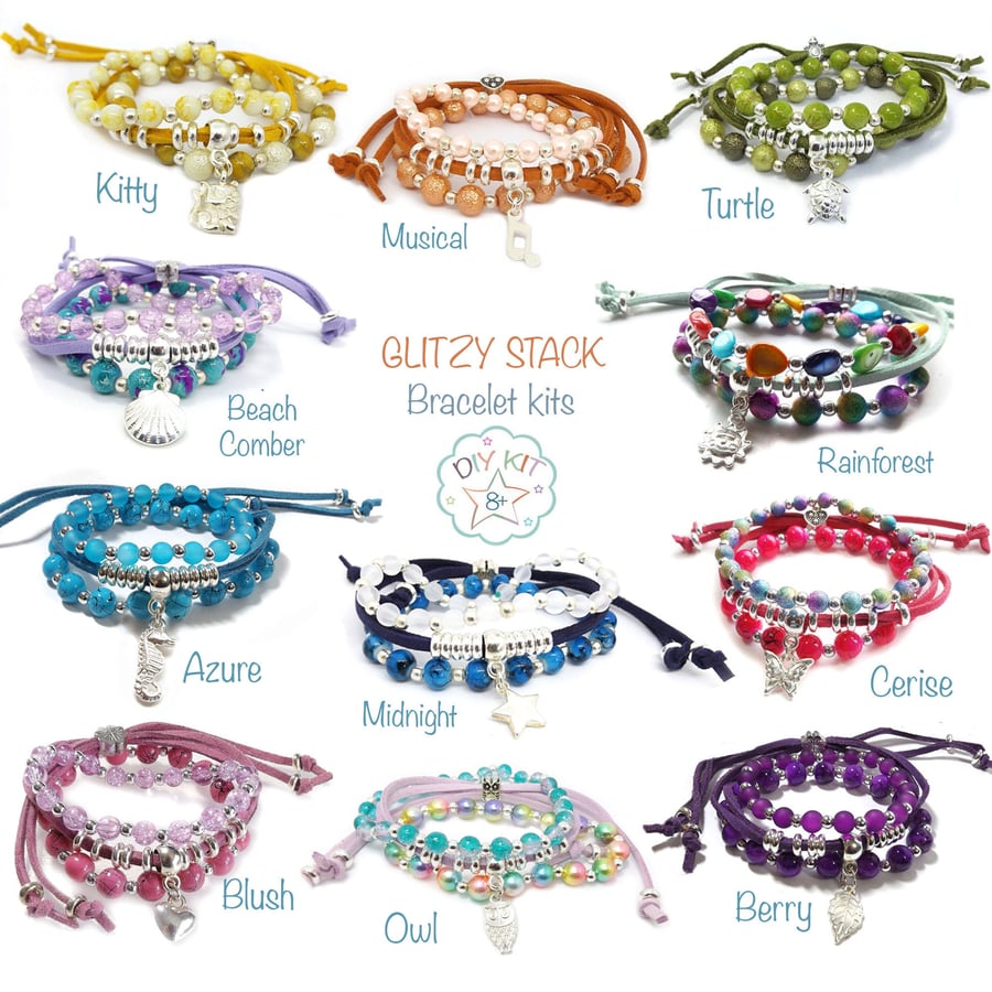 DIY Arm Candy Kit -Set of 3 stacking bracelets to make & wear in 10 colour ways.