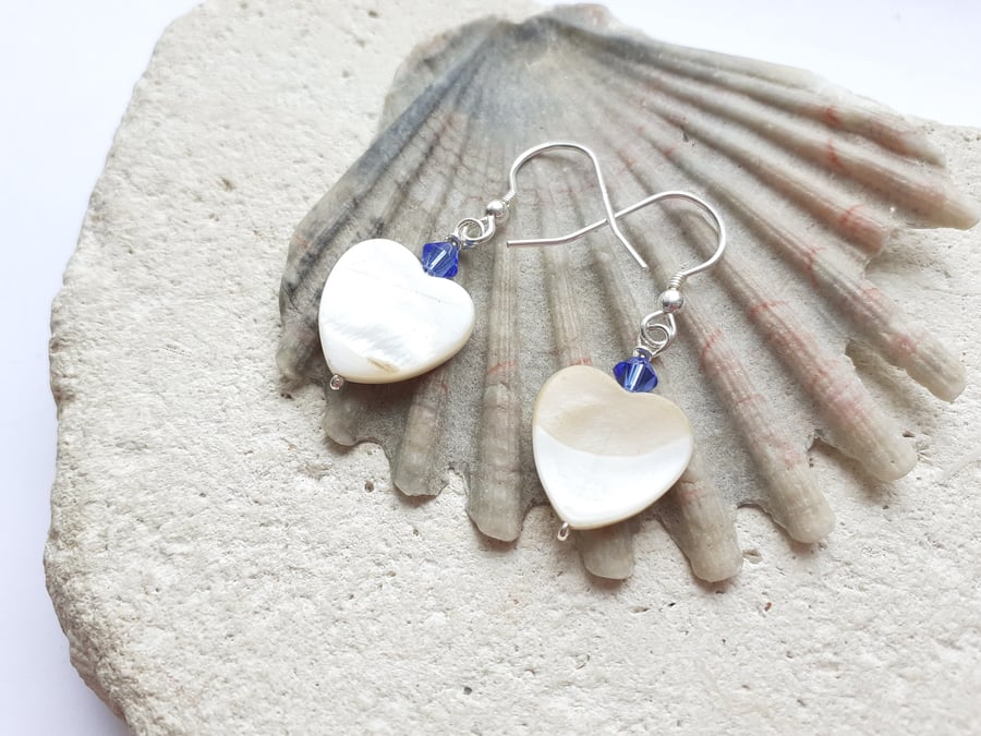 Mother of Pearl Heart earrings with Blue Bi-Cone Crystals