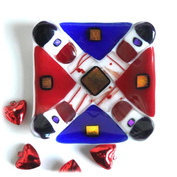 Coronation Fused Glass Trinket Dish 9cm Red White and Blue Dichroic