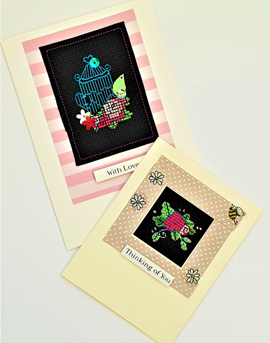 Floral cross stitch cards with sequin detail - pack of 2