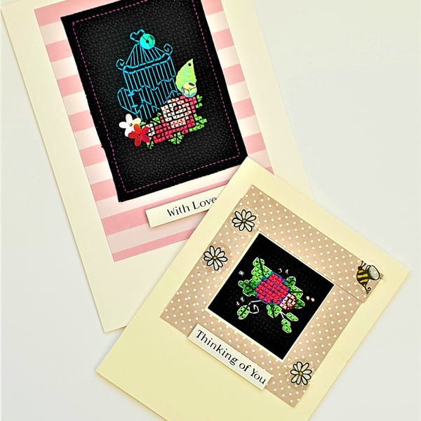 Floral cross stitch cards with sequin detail - pack of 2