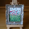Water Colour Mini Painting,Honey Bees,Poppies,Dolls House, Distressed Blue Frame