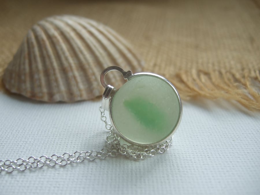 Green sea glass marble necklace, beach glass marble necklace, bezel set