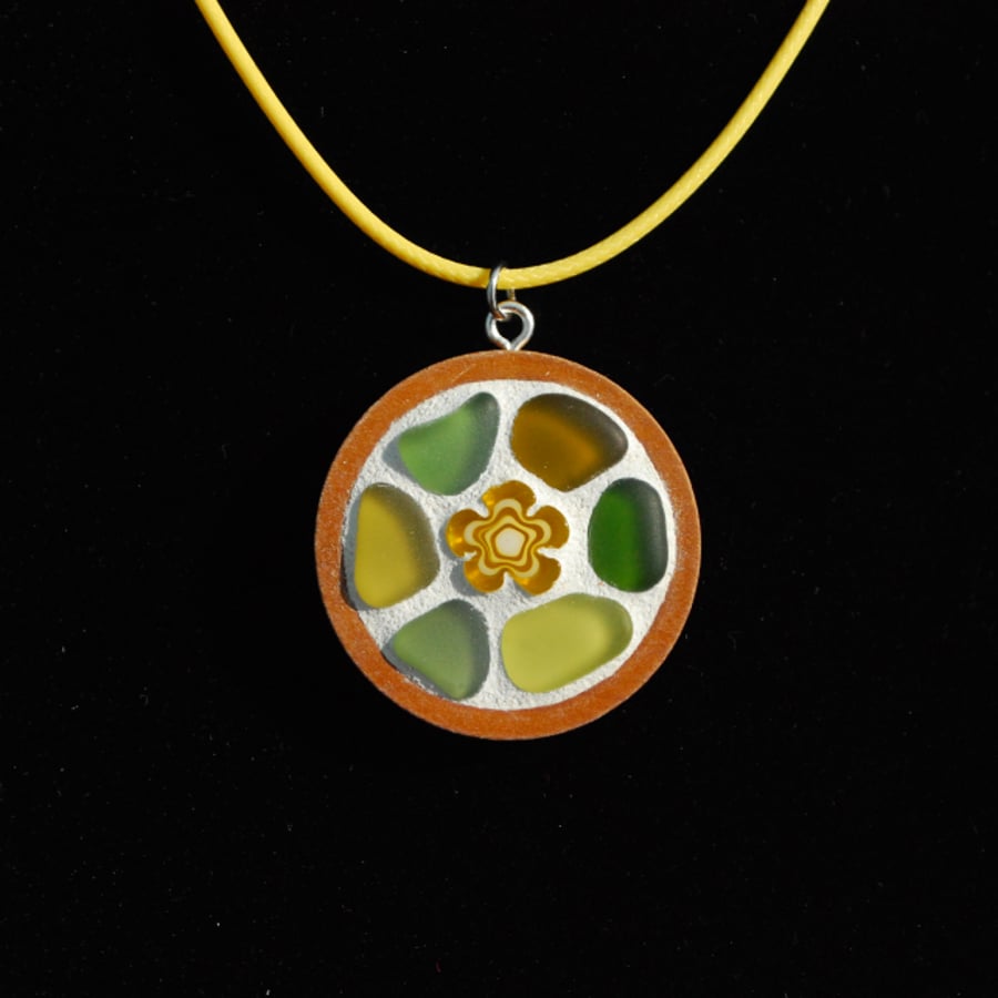 Mosaic beach glass pendant with flower