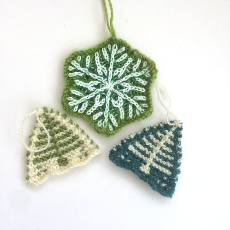 Green hand knit Christmas decorations 