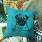 Pug embroidered cushion in teal.