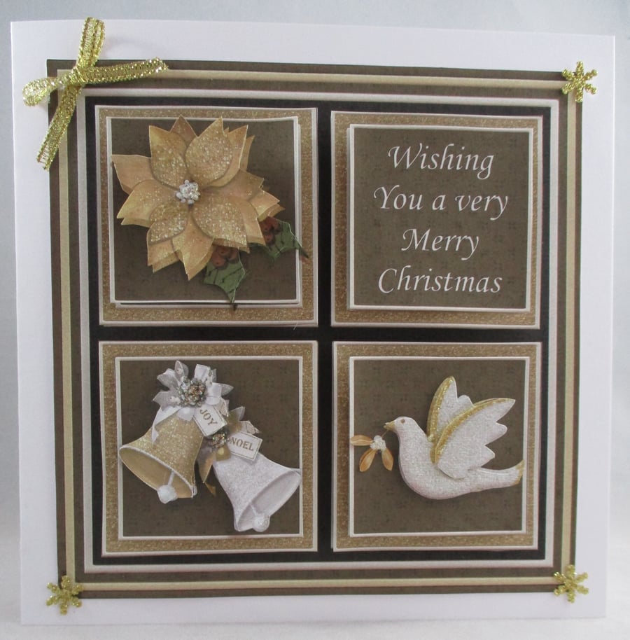 Decoupage,3D Christmas Squares Greeting Card, dove,bells, gold flower,