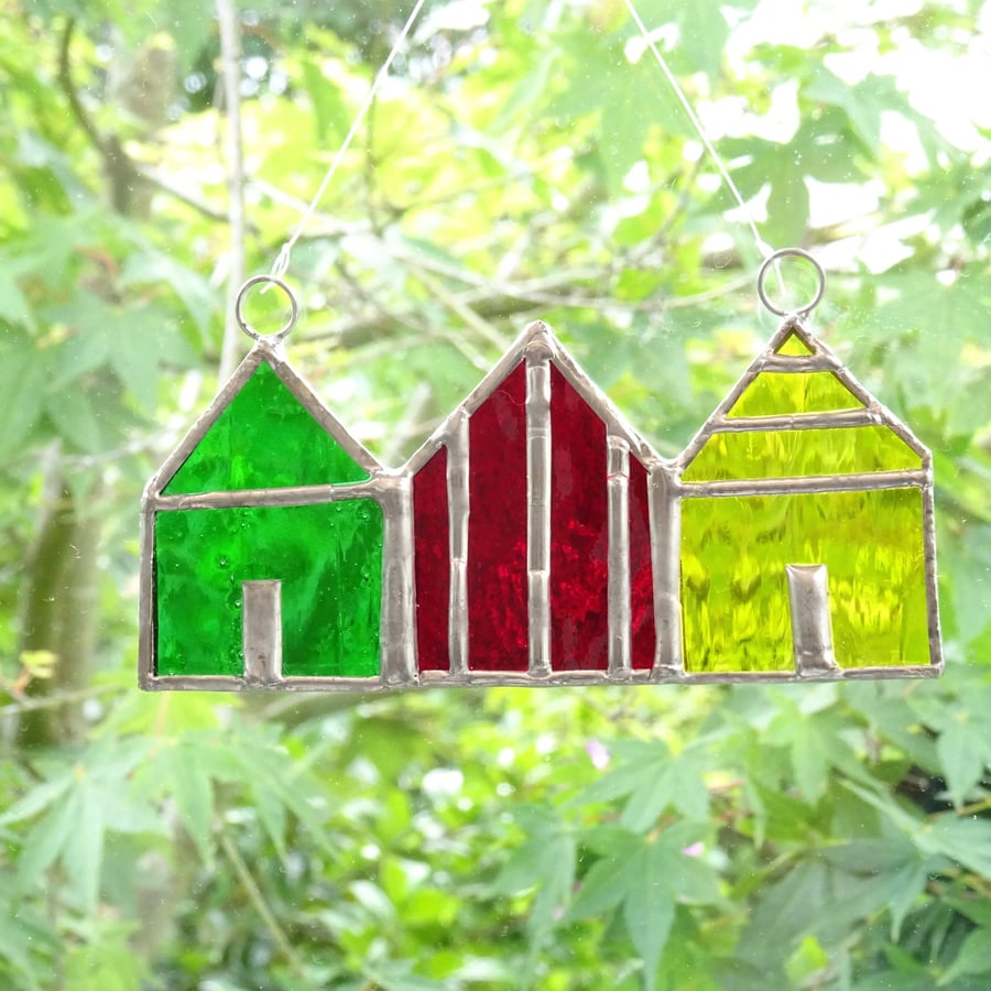 Stained Glass Beach Huts Suncatcher - Handmade Decoration - Green, Red, Yellow,