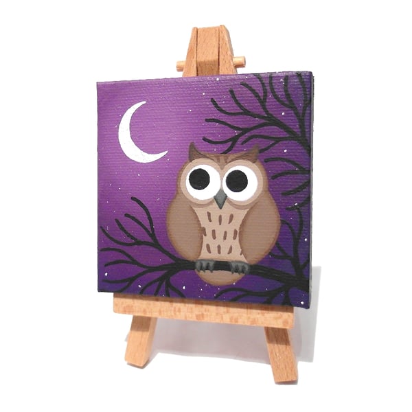 Owl Mini Painting - original acrylic art of a long eared owl on miniature easel