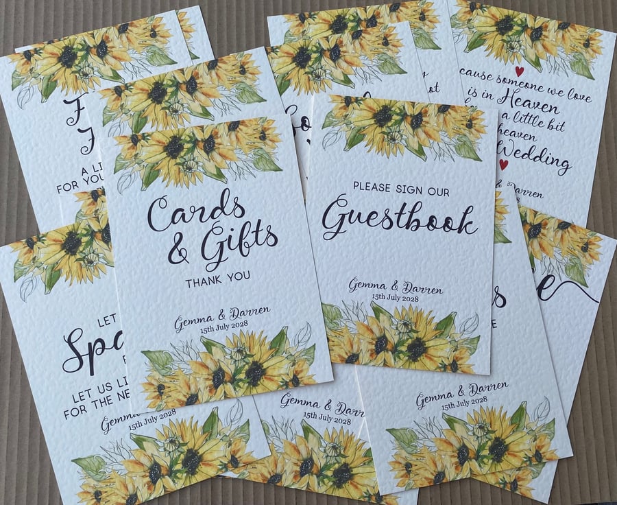 Sunflowers, greenery edge design, barn wedding gift signs QR code signs