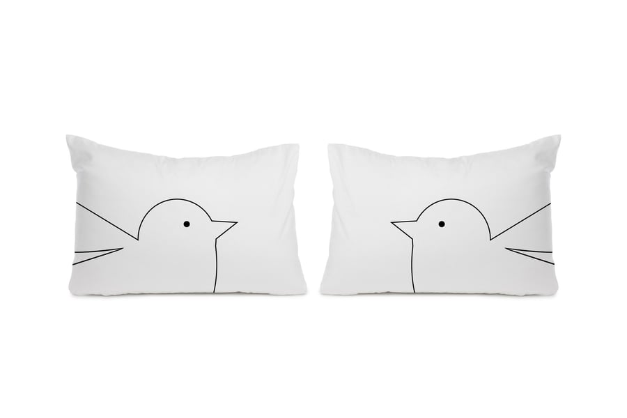 Birds print pillowcase, white colour with black ink