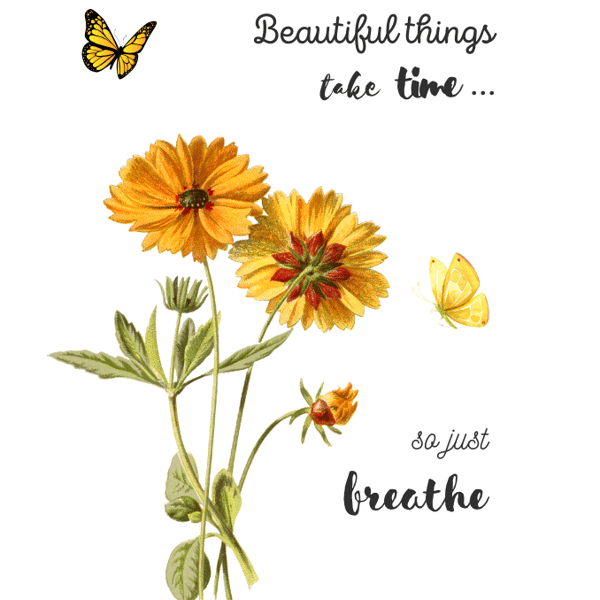 Beautiful Things Take Time Quote with Marigolds and Butterflies Print