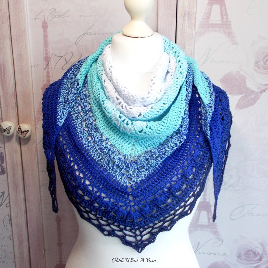 Crochet ombre lace cotton shawl in shades of blue, turquoise and white.