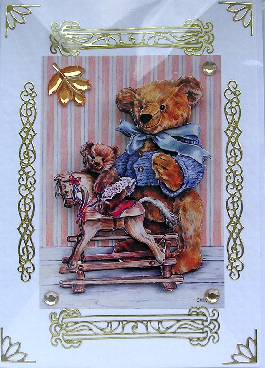 Teddy Bear Hand Crafted 3D Decoupage Card - Blank for any Occasion (2421)
