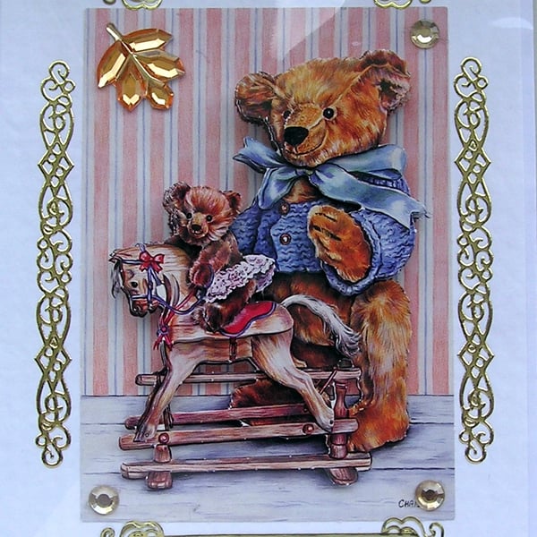 Teddy Bear Hand Crafted 3D Decoupage Card - Blank for any Occasion (2421)