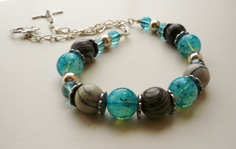 Aqua Blue Glass and Grey Jasper Silver  Beaded Necklace   KCJ350