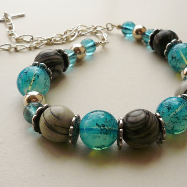 Aqua Blue Glass and Grey Jasper Silver  Beaded Necklace   KCJ350
