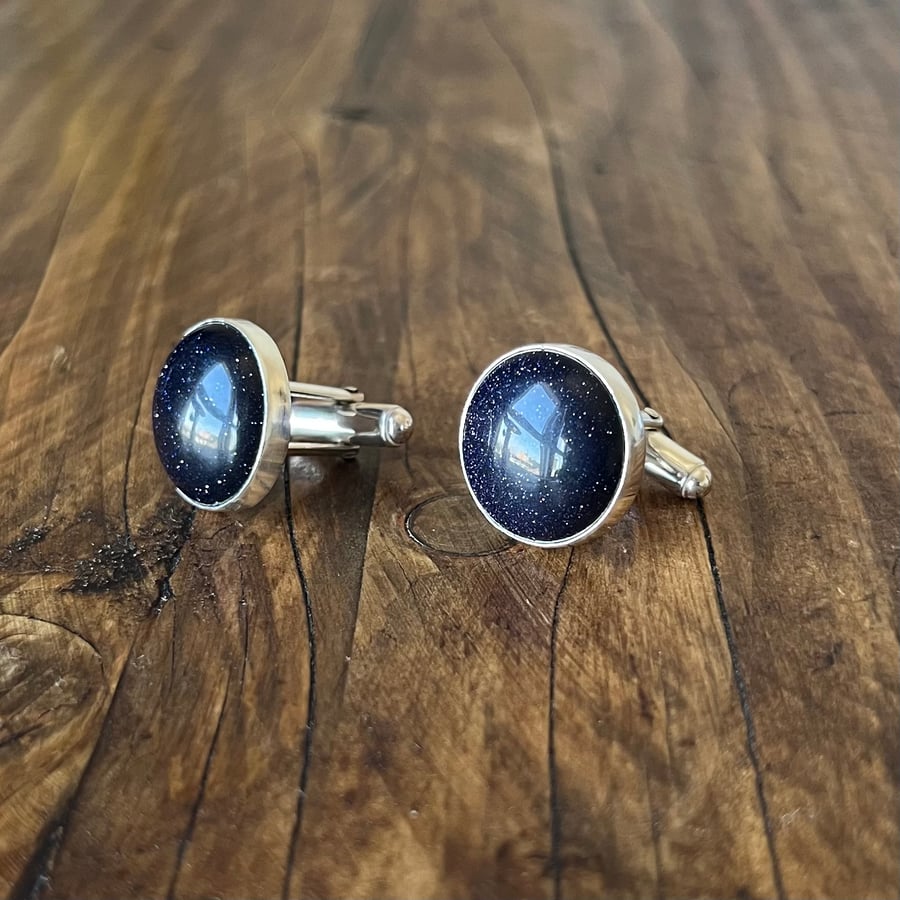 Written In The Stars Cufflinks - Handmade, Sterling Silver, Blue Goldstone