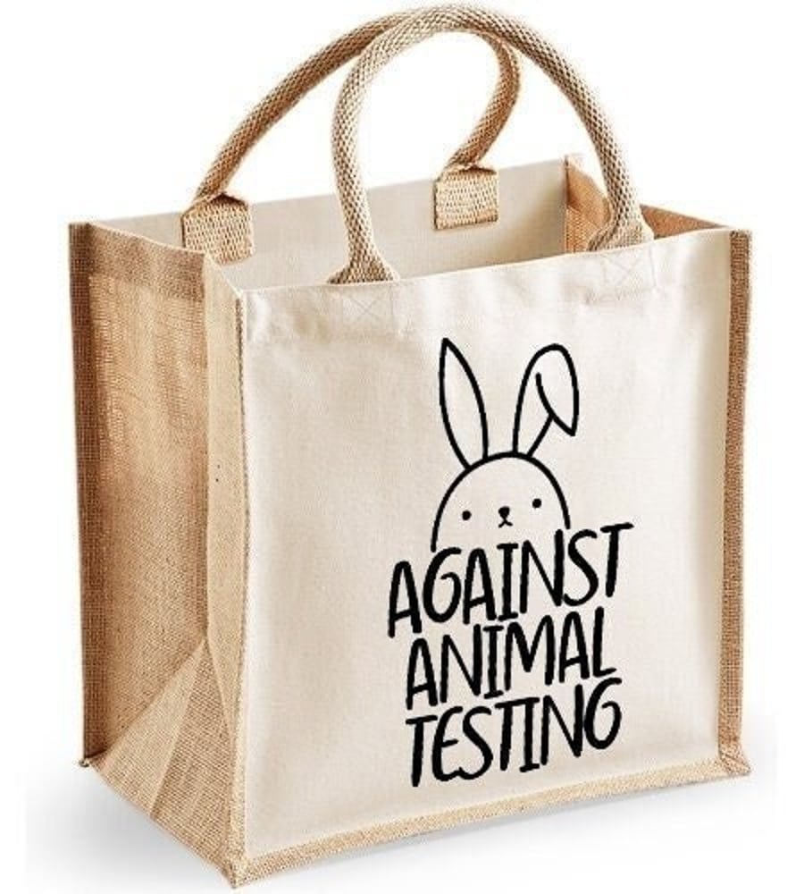 Against Animal Testing Rabbit Midi Jute Shopper Canvas Lunch Bag Anti Cruelty 