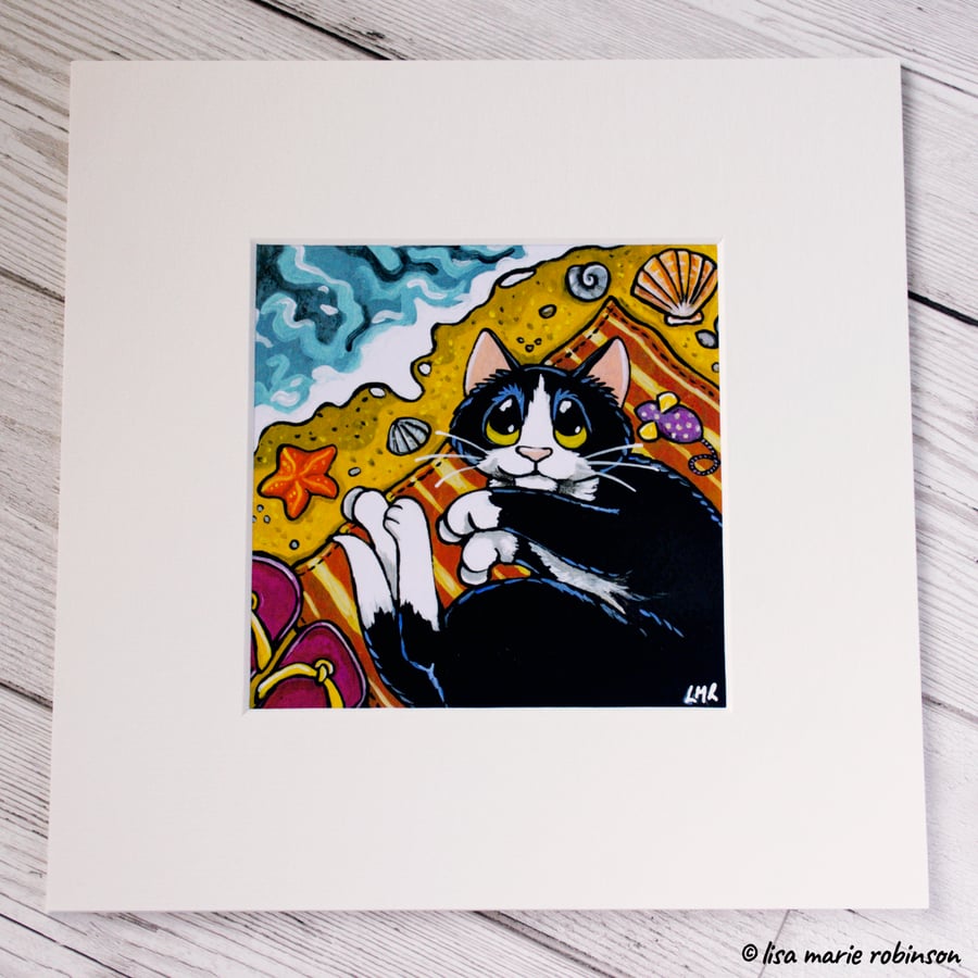 Black and White Cat on the Beach Mounted Print