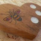 Wooden Heart shape tea light holder with a bee design on the top
