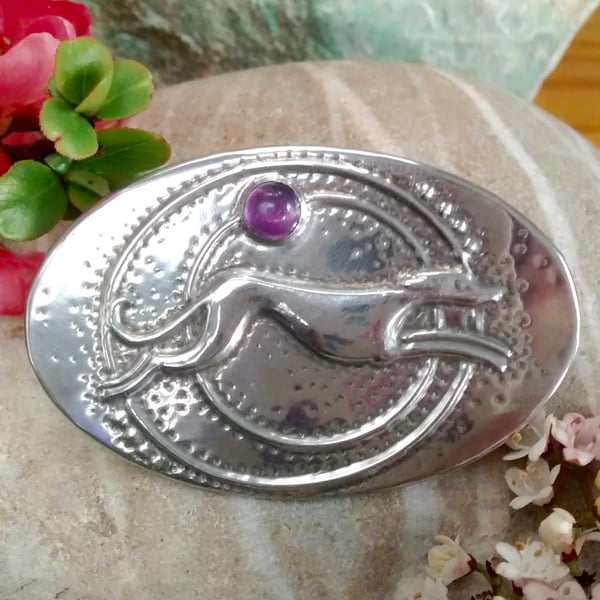 Greyhound Brooch, Silver Pewter with Amethyst, Art Deco Inspired