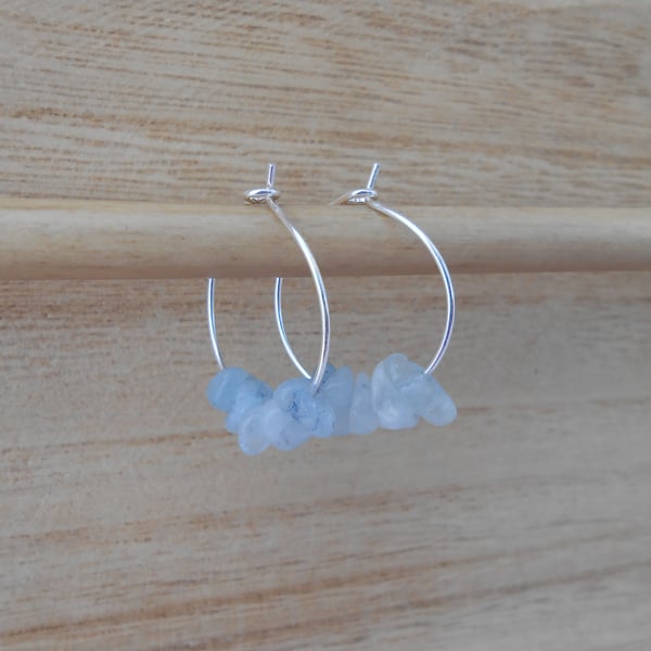 Aquamarine earrings in Sterling Silver.   Aquamarine thin hoops.  Ref 274