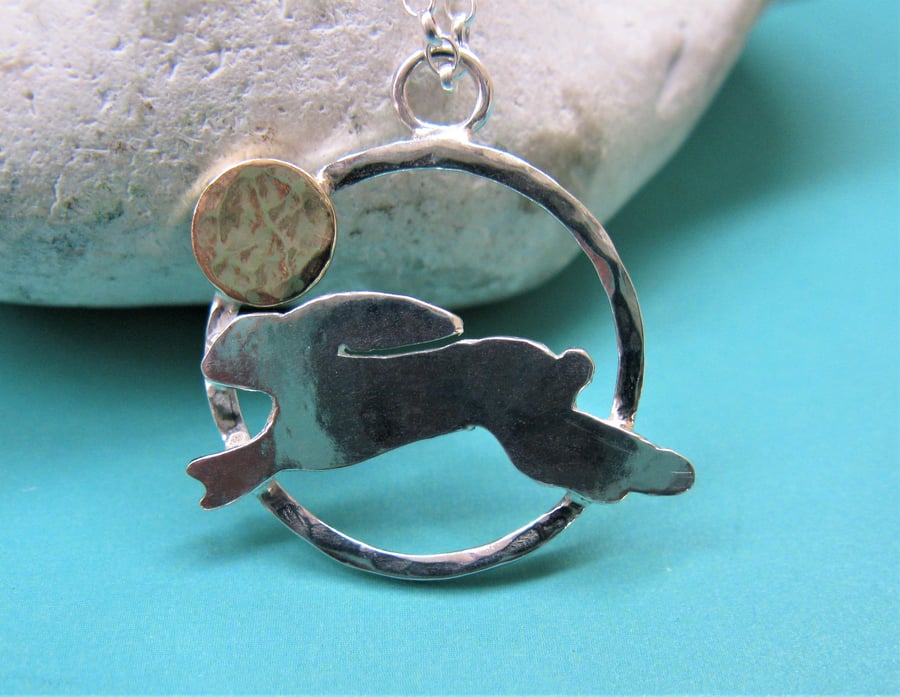 Leaping hare necklace in sterling silver and 9ct gold