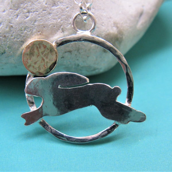 Leaping hare necklace in sterling silver and 9ct gold