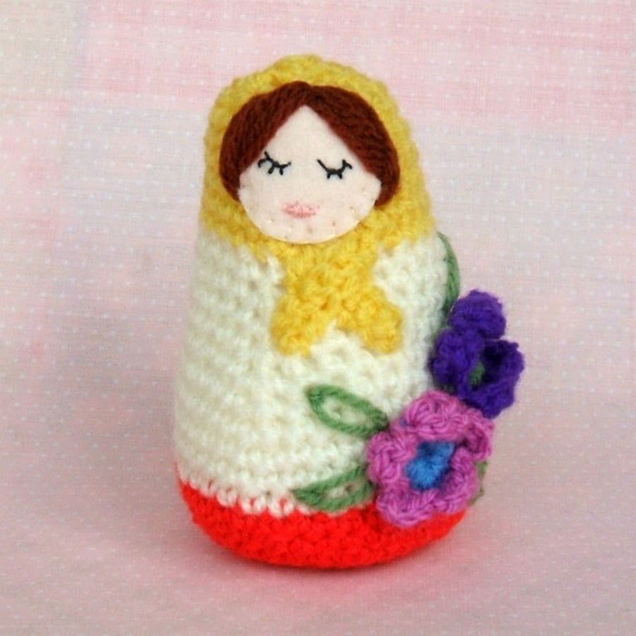 Large Crocheted Russian Doll in Yellow, Cream & Red