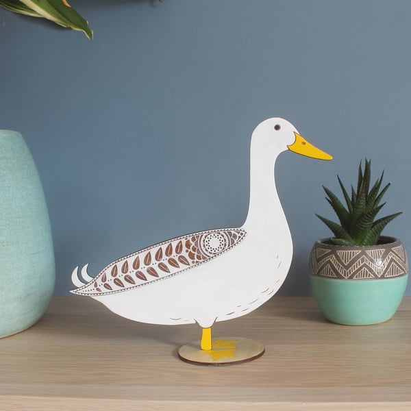 Standing Wooden White Duck Decoration Ornament - Etched and Hand Painted