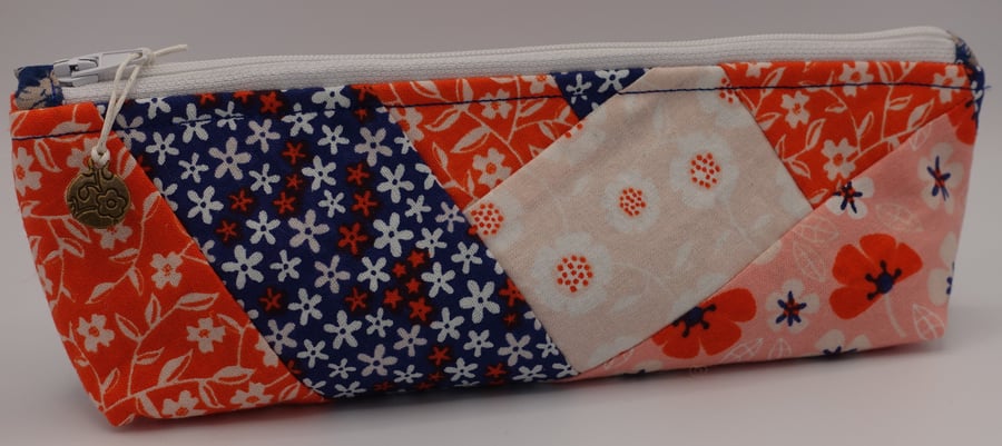 Orange & Navy Floral Pencil Case