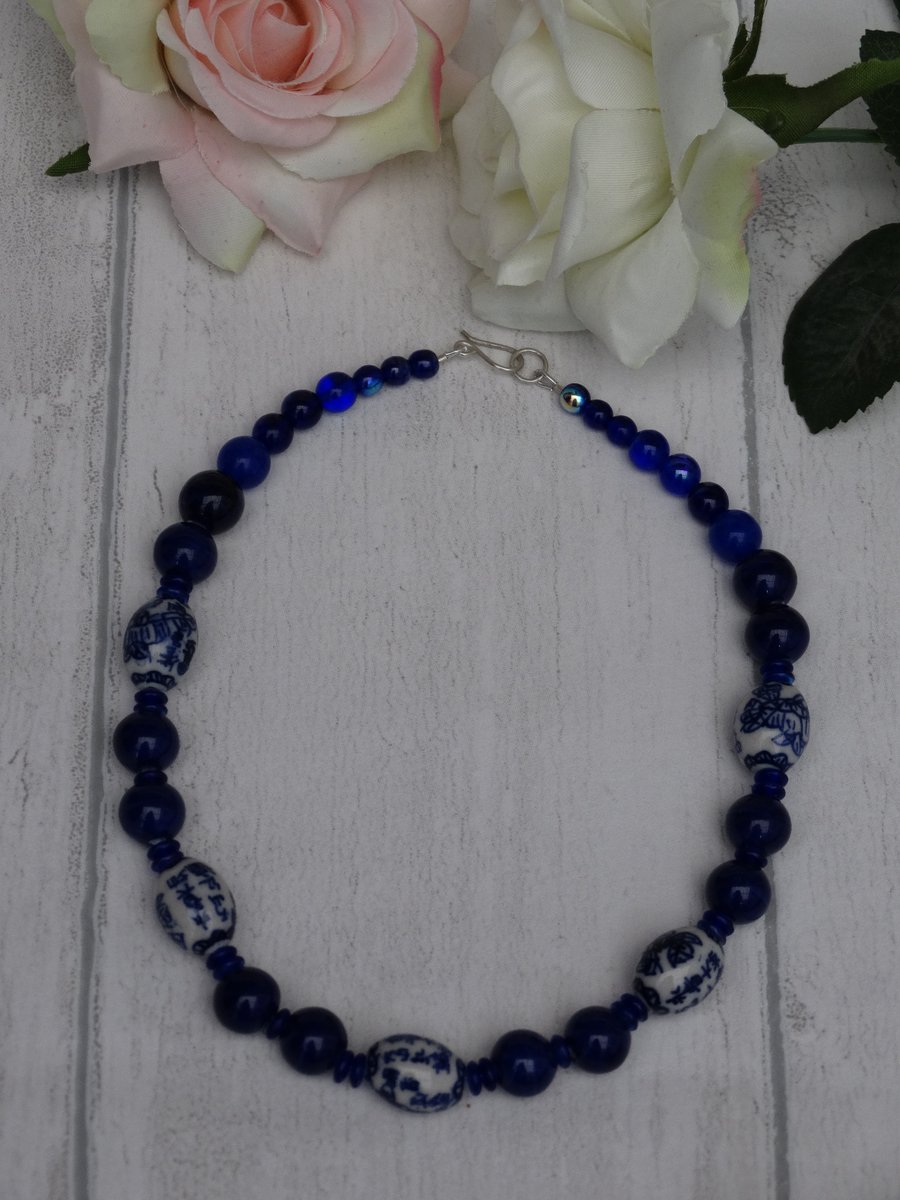 Blue and white ceramic bead necklace