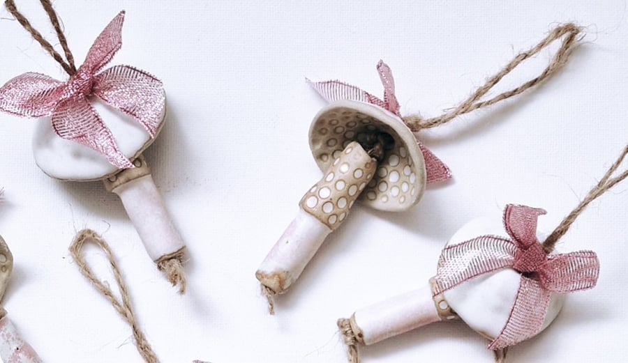 Handmade Ceramic Mushroom Ornament with Ribbon 
