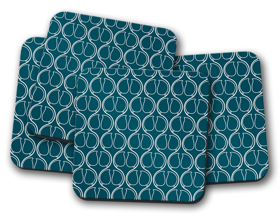 Set of 4 Dark Blue with White Geometric Design Coasters, Drinks Mat