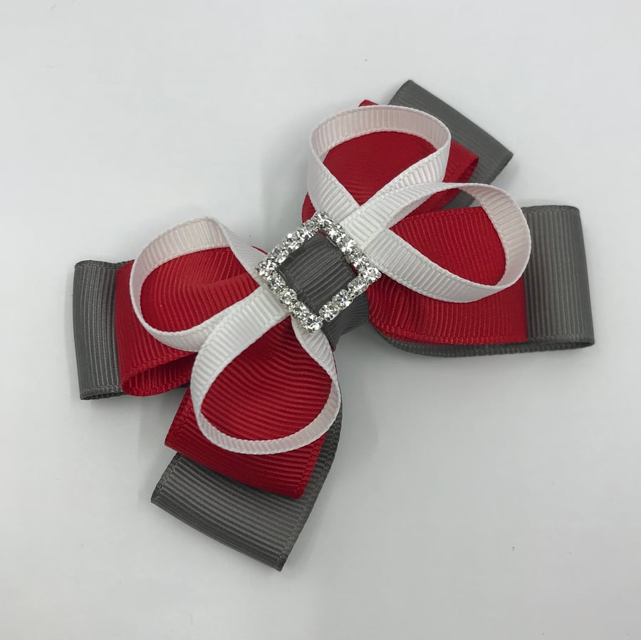 School Red and Grey Layer Bow with White Loops on Clip