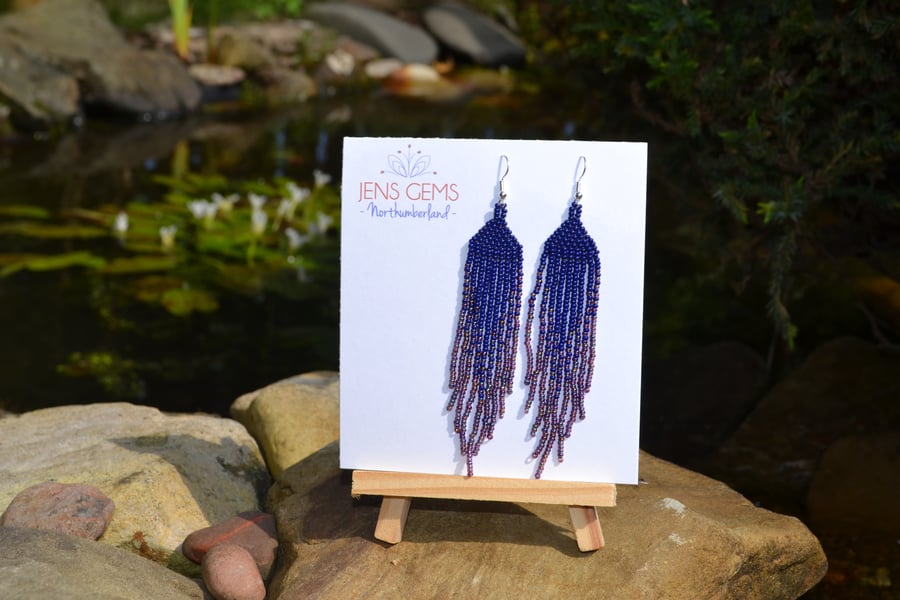Navy Blue and Rainbow Amethyst Tassel Earrings