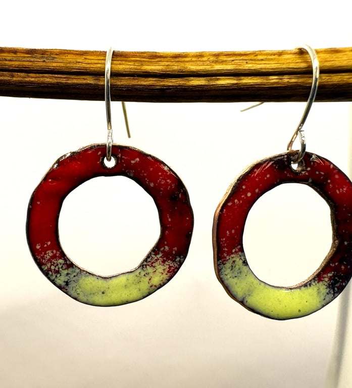 Red Green Enamel Ring Earrings, Handmade hammered Copper Earrings, Colourful Boh