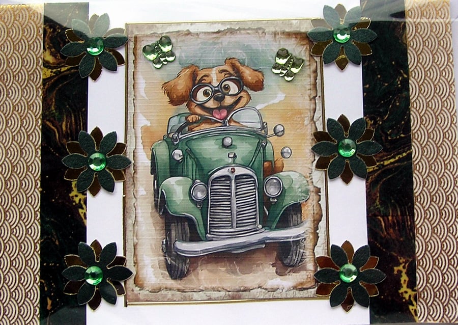 Driving Cartoon Dog - Hand Crafted Decoupage Greeting Card - Blank (3058)