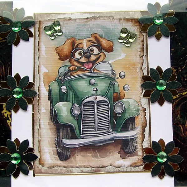 Driving Cartoon Dog - Hand Crafted Decoupage Greeting Card - Blank (3058)