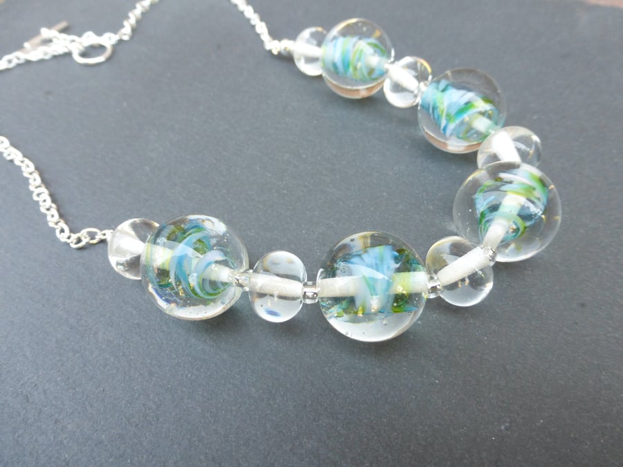 lampwork glass beaded necklace green blue swirls