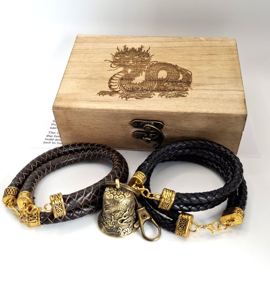 Bikers Gift Box, Bikers Bell Gremlin Bell, and Leather Bracelets Brown and Black