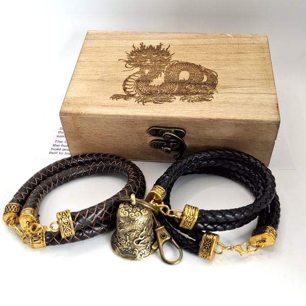 Bikers Gift Box, Bikers Bell Gremlin Bell, and Leather Bracelets Brown and Black