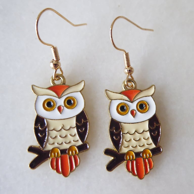 Enamelled Owl Earrings with KC Gold Ear Wires