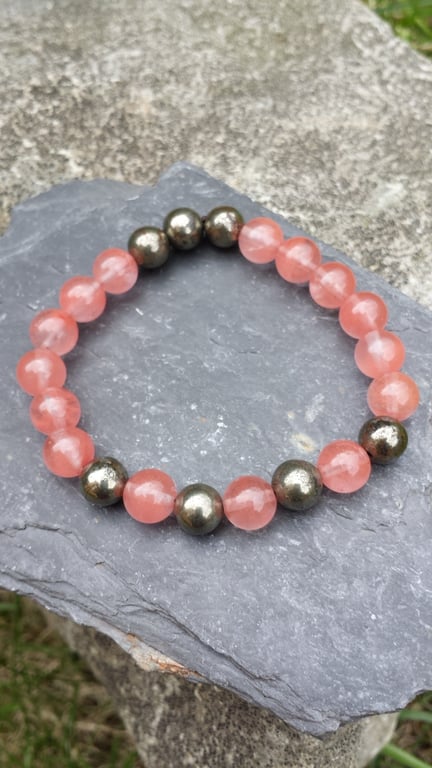 Handmade Cherry Quartz-Strawberry Quartz and Pyrite Bracelet - positivity,mala 