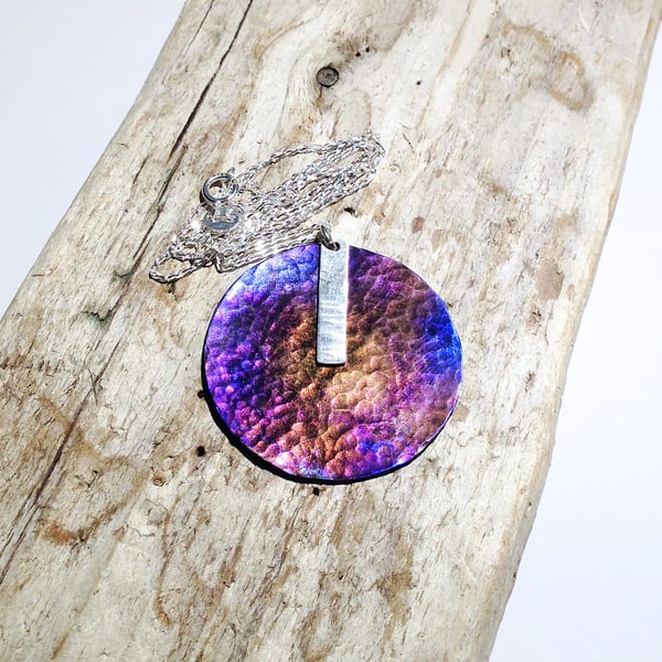 Sterling Silver and Coloured Titanium Disc Pendant Necklace - UK Free Post