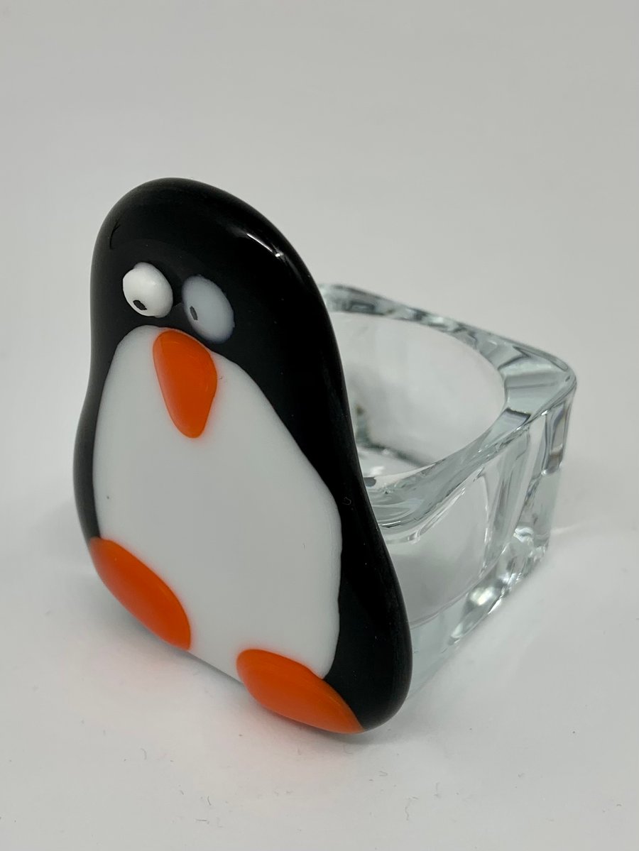 Penguin Hand fused Glass Tea Light holder. (With tea light)