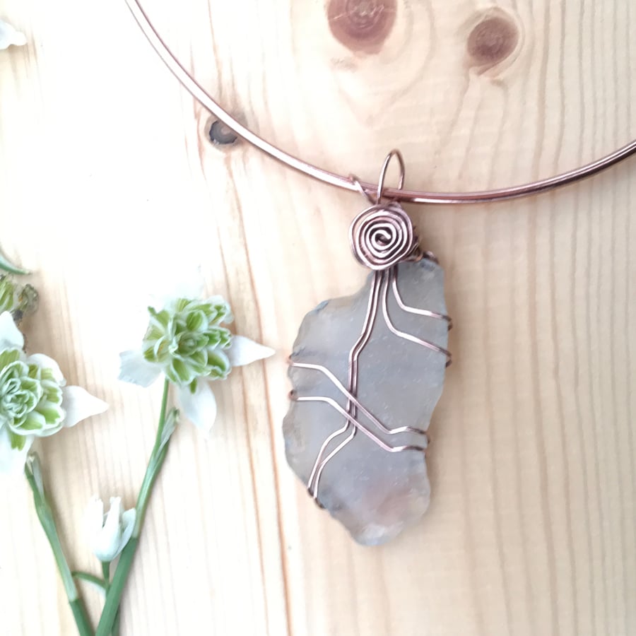 Large Sea Glass and Copper Wire Wrapped Pendant Torque Necklace