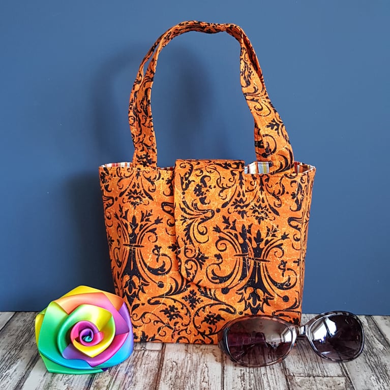Orange and Black Gothic Handbag - Small Fabric Tote with Pocket