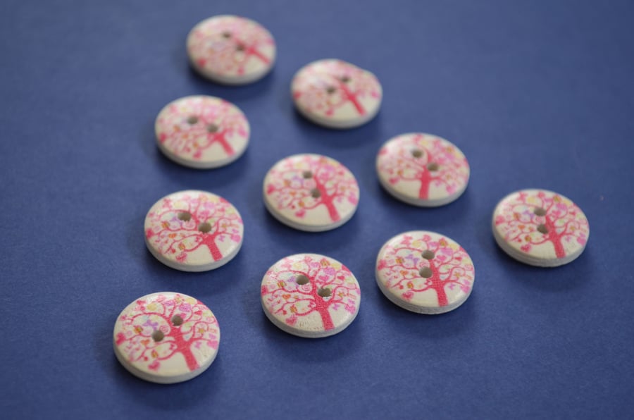 15mm Wooden Tree Buttons Pink White 10pk Heart Leaves (ST4)